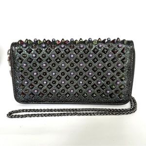 💯 Christian Louboutin Black Iridescent Studded Leather Zippered Wallet On Chain